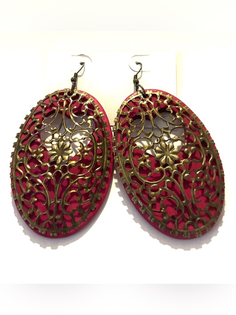 Fashion Jewelry Red Oval Filigree Drop Earrings with Gold-Tone Overlay